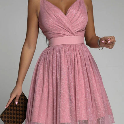 Onbely robe courte trapèze unicolore plissé bretelle col en V doux tous les jours bureau