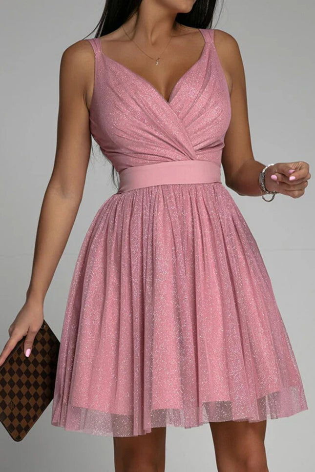 Onbely robe courte trapèze unicolore plissé bretelle col en V doux tous les jours bureau