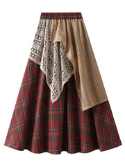 Onbely Vintage Women's Long Lace Plaid Skirt