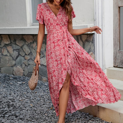 Onbely robe longue court devant longue derriere fleurs fendu col en V manches courtes mode tous les jours vacances