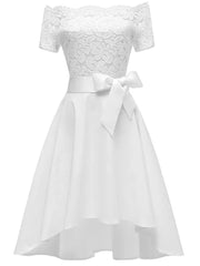 Onbely Robe Midi Vintage en Dentelle Ceinturée à Manches Courtes Cocktail