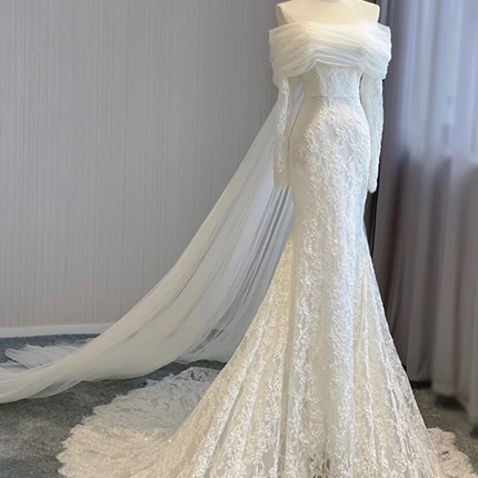 Onbely robe de mariée maxi longue sirene col bateau manches longues élégant