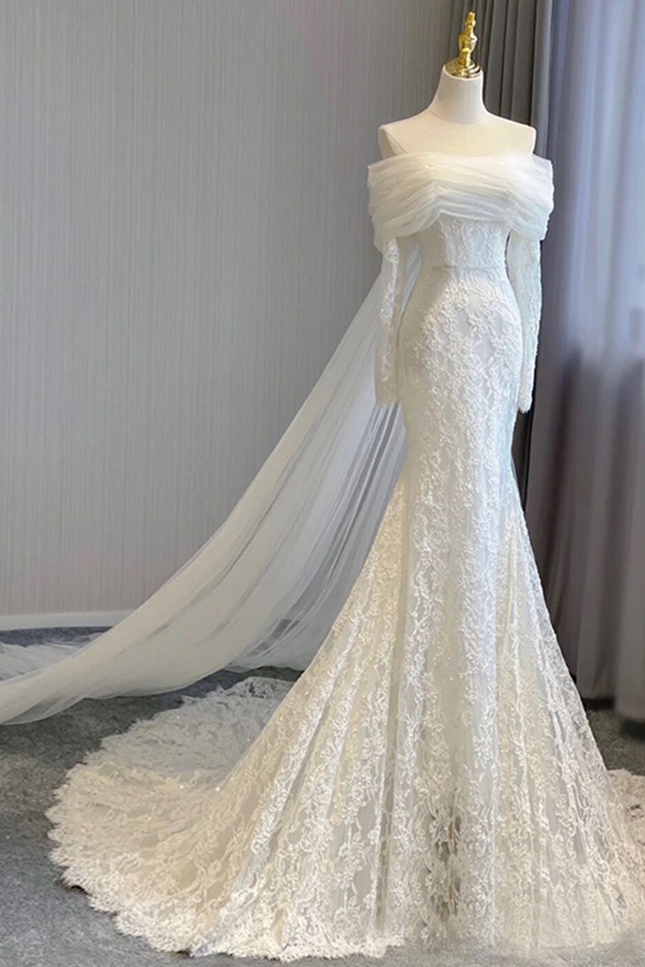 Onbely robe de mariée maxi longue sirene col bateau manches longues élégant