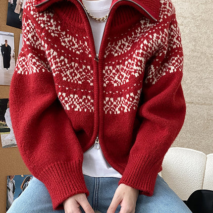 Onbely pull jacquard fermeture éclair pour femme vintage noël