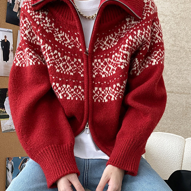 Onbely pull jacquard fermeture éclair pour femme vintage noël