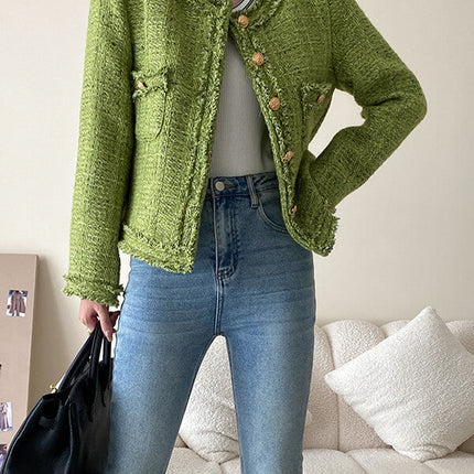 Onbely veste courte en tweed boutonnage avec poches col rond femme mode