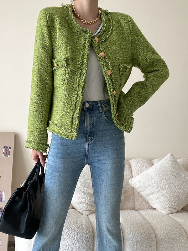 Onbely veste courte en tweed boutonnage avec poches col rond femme mode