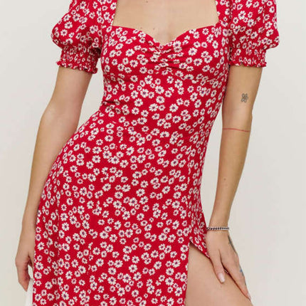 Onbely mi-longue robe imprimé à fleurie fendu le côté manches bouffantes vacances rouge