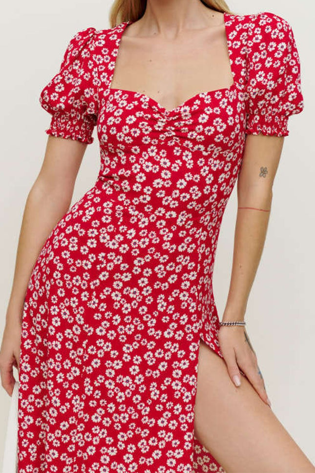 Onbely mi-longue robe imprimé à fleurie fendu le côté manches bouffantes vacances rouge