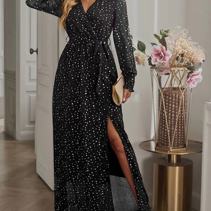 Onbely robe longue fendu le côté brillante paillette ceinture v-cou manches longues élégant de soirée pour mariage