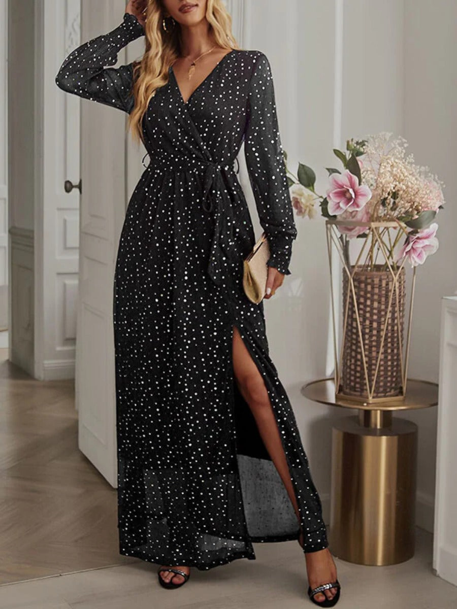 Onbely robe longue fendu le côté brillante paillette ceinture v-cou manches longues élégant de soirée pour mariage