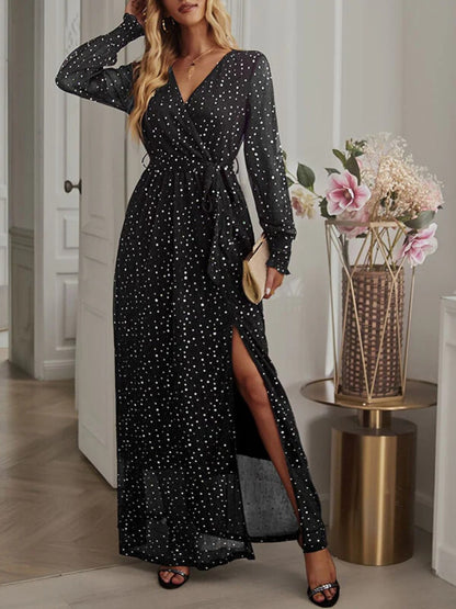 Onbely robe longue fendu le côté brillante paillette ceinture v-cou manches longues élégant de soirée pour mariage