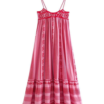 Onbely robe longue trapèze rose rayé dos nu à fines brides bohème élégant vacances tous les jours-boho dress