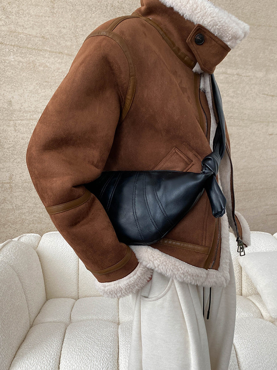 Onbely manteau aviateur en suedine laine pour femme hiver