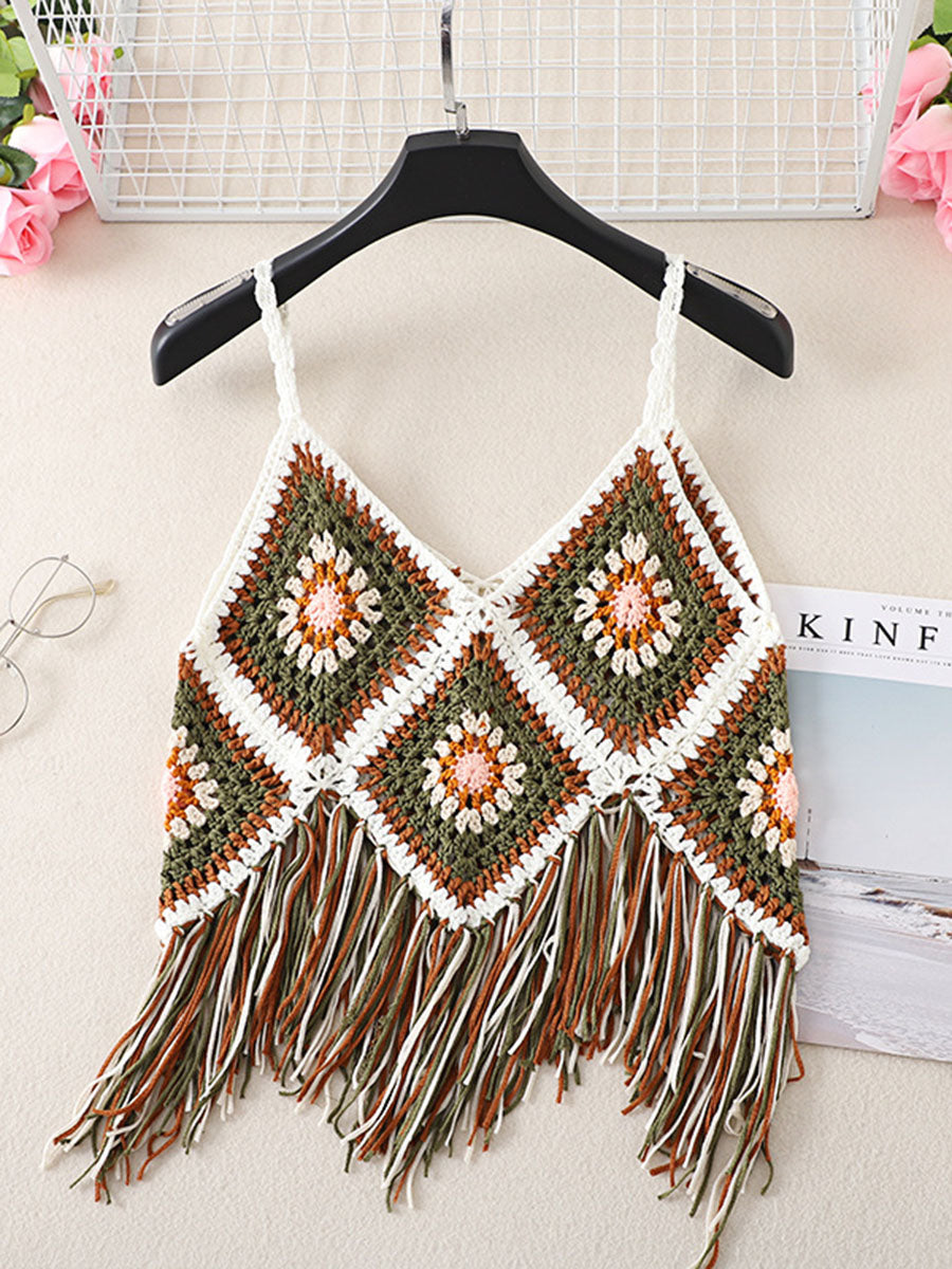 Onbely Bohemian Crochet Tank Top with Decorative Fringe for Vacation and Beach