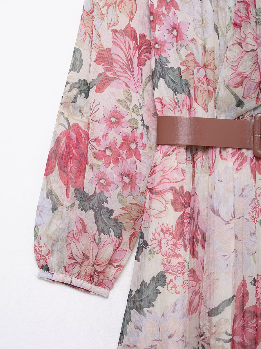 Onbely mi-longue Robe mousseline imprimé à fleurie Manches Longues Rose