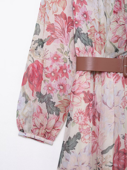 Onbely mi-longue Robe mousseline imprimé à fleurie Manches Longues Rose