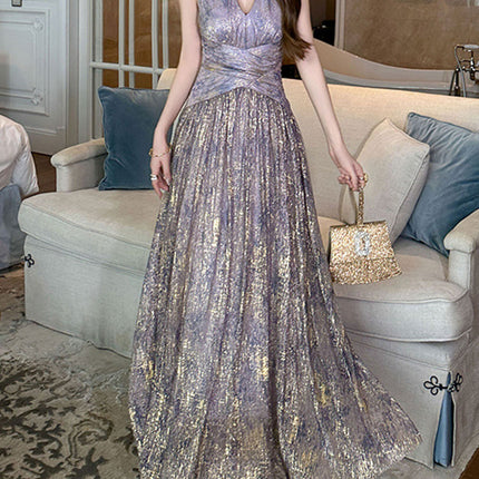 Onbely robe de soirée longue pour les vacances en tissu brillant à licou Col en V pour un mariage femme cérémonie