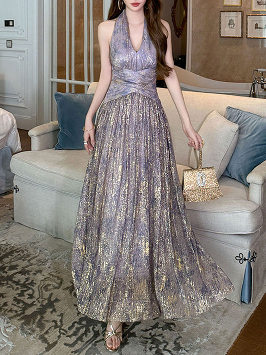 Onbely robe de soirée longue pour les vacances en tissu brillant à licou Col en V pour un mariage femme cérémonie