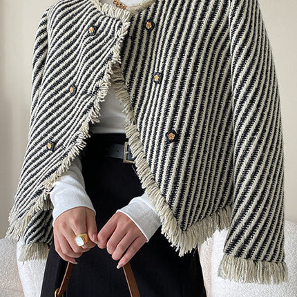 Onbely veste courte rayée en tweed avec frange et poches pour femme élégante