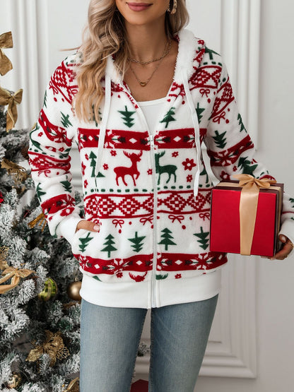 Veste à capuche zippée avec cordon et motifs de Noël