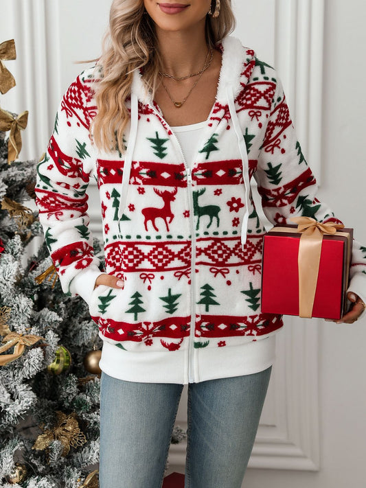 Veste à capuche zippée avec cordon et motifs de Noël