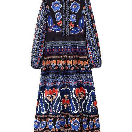 Onbely robe longue imprimé à fleurie manches longues bohème navy boho dress