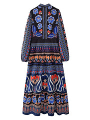 Onbely robe longue imprimé à fleurie manches longues bohème navy