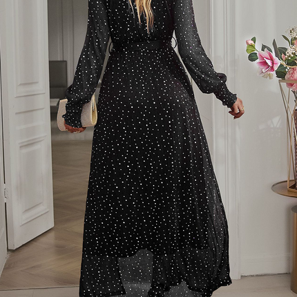 Onbely robe longue de soirée fendu le côté ceinture brillante paillette manches longues