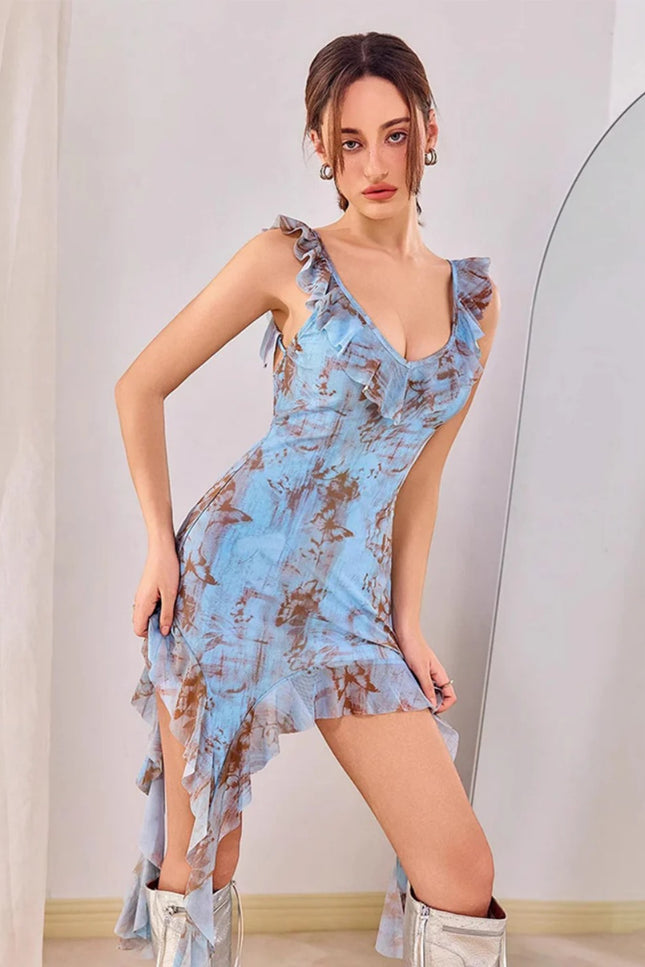 Onbely robe courte irrégulière imprimé à fleurie à volantée dos nu bretelle col en V mode vacances plage