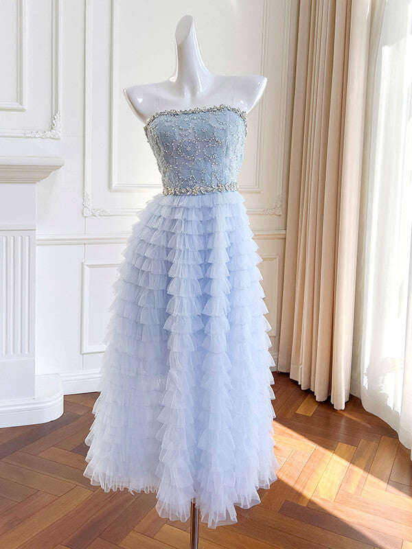 Onbely robe longue de bal élégant beading tulle bleu pastel - onbely