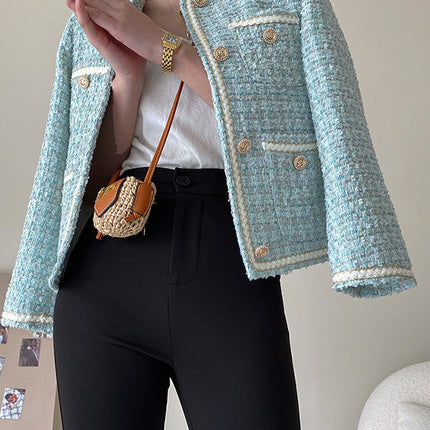 Onbely veste courte en tweed boutonnage avec poches femme élégant bleu