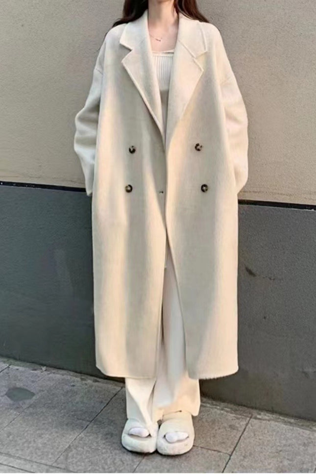 Onbely manteau en laine longue double boutonnage avec poches beige