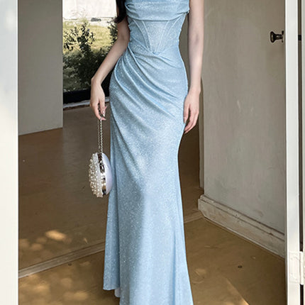 Onbely Robe de soirée longue et moulante brillante paillette à fines brides bleue