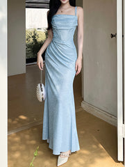 Onbely Blue Shiny Sequin Long Bodycon Evening Dress with Thin Straps