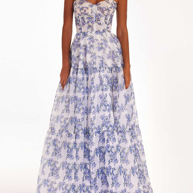 Onbely robe maxi longue organza imprimé à fleurie bal de promo - onbely