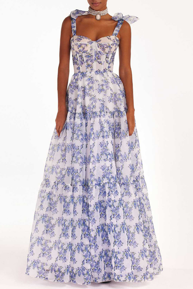 Onbely robe maxi longue organza imprimé à fleurie bal de promo - onbely