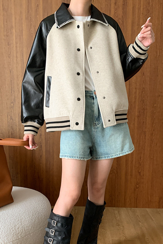 Onbely veste en laine simili cuir couleur bloc femme mode