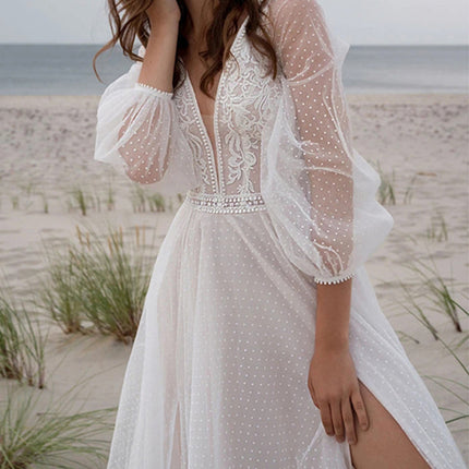 Onbely robe de mariée princesse fendu le côté manches bouffantes bohème boho dress