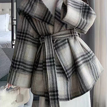 Onbely manteau en laine carreaux avec ceinture col marin femme mode