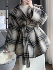 Onbely women's fashion plaid wool coat with sailor collar belt