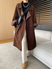 Onbely women's long double-breasted teddy coat with lapel collar