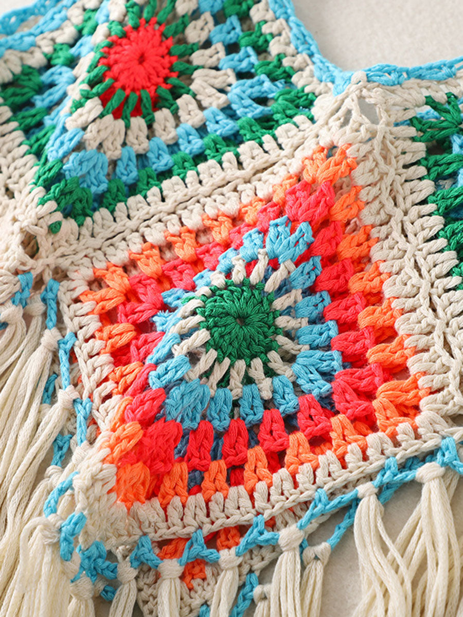 Onbely Débardeur Bohème en Crochet avec Franges Décoratives pour Vacances et Plage