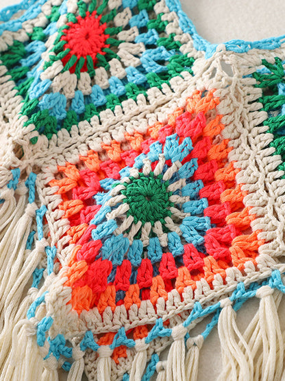 Onbely Débardeur Bohème en Crochet avec Franges Décoratives pour Vacances et Plage