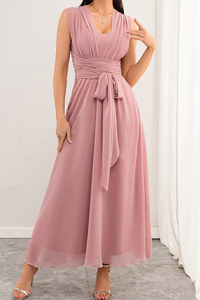 Onbely robe demoiselle d'honneur longue mousseline strappy v-col mode rose