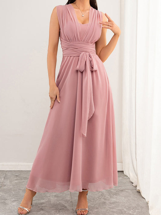 Onbely robe demoiselle d'honneur longue mousseline strappy v-col mode rose