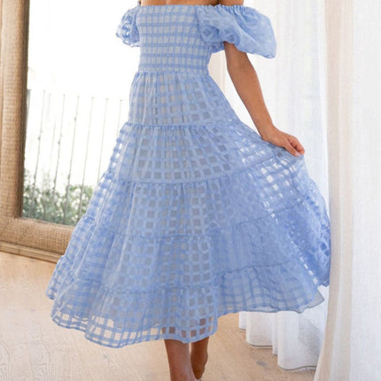 Onbely mi-longue robe carreaux col bateau manches bouffantes cocktail