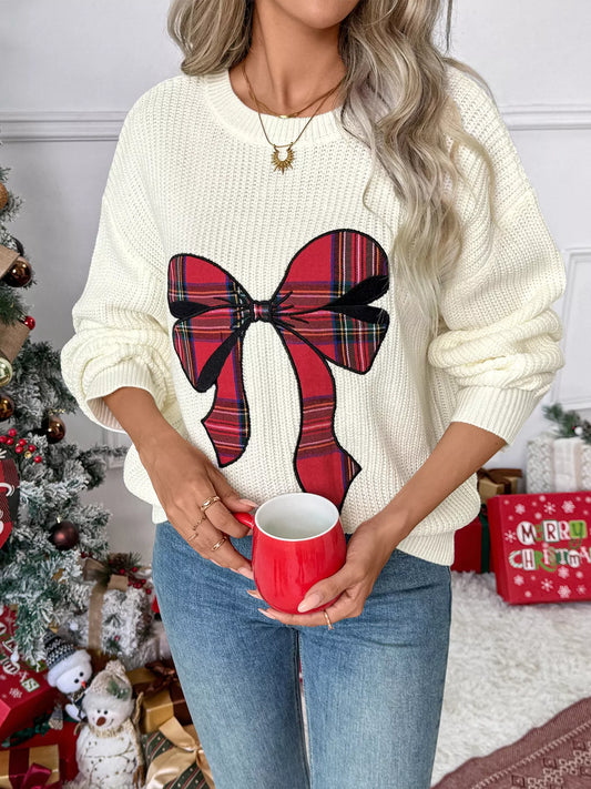 Pull de Noël à épaules tombantes avec nœud