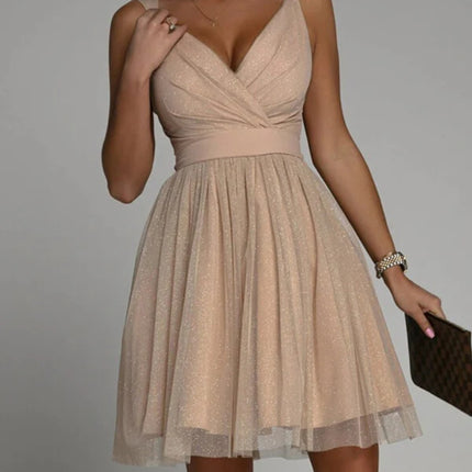 Onbely robe courte trapèze unicolore plissé bretelle col en V doux tous les jours bureau