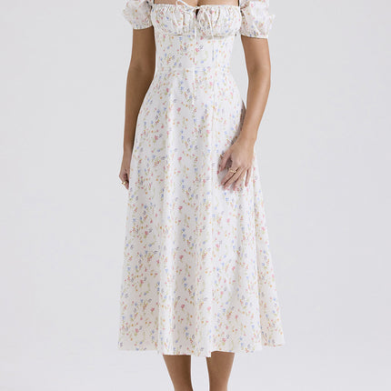 Onbely robe de soirée longue blanche à imprimé fleuri col carré et manches bouffantes pour ou mariage